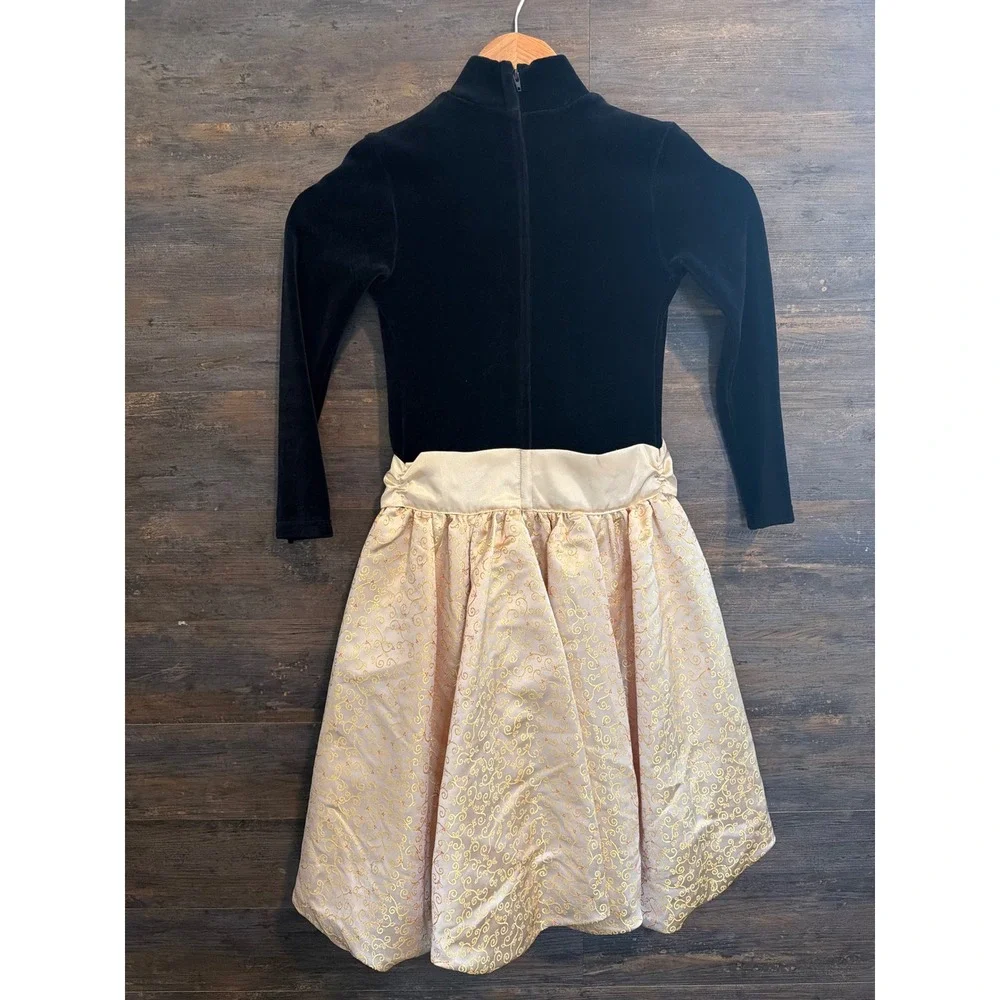 American Girl Girls Black Velvet Gold Scroll Holiday Party Dress Size 6 630107